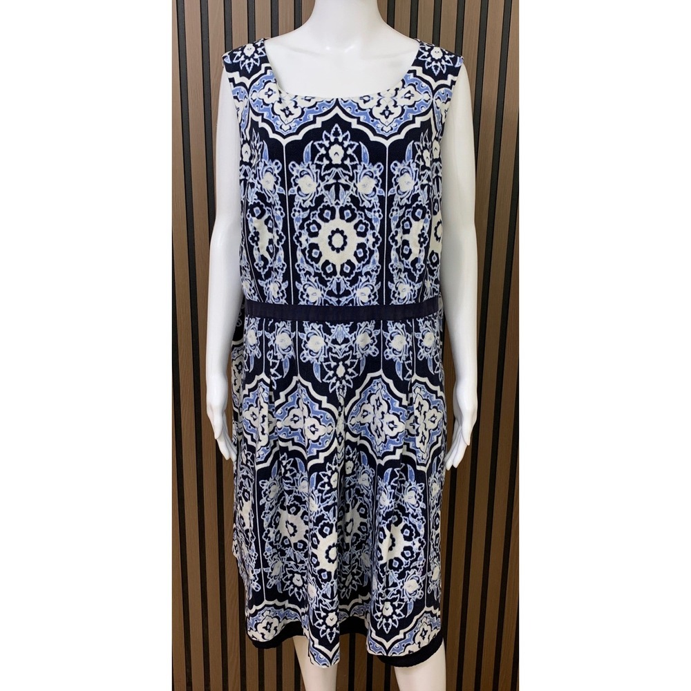 Talbots‎ Woman Blue White Medallion Tile Print Pique Fit Flare Dress 20W Classic